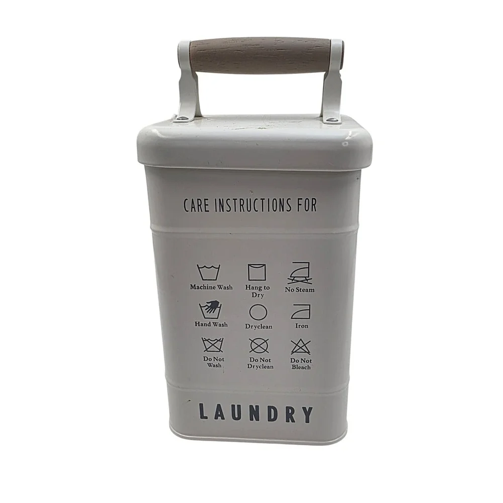 Farmhouse Metal Laundry Detergent Storage Tin Bin with Wood Handle Cream White